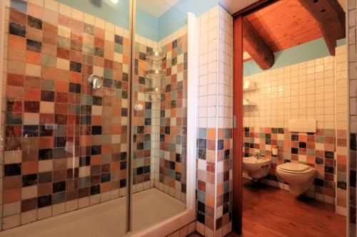 a bathroom with a shower and a toilet at Felicin - Palazzo Boeri Panoramic Suites in Monforte dʼAlba