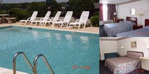 two pictures of a hotel with a pool and chairs at Scottish Inns - Commerce in Commerce