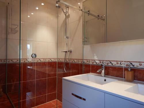 a bathroom with a sink and a glass shower at Comfortabel en gezellig vakantiehuis bij het strand in Wemeldinge