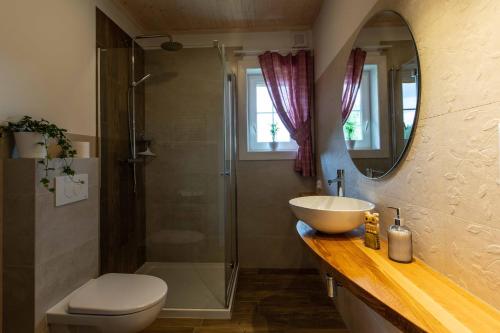 W łazience znajduje się umywalka, toaleta i prysznic. w obiekcie Frydrysówka w mieście Jaworek