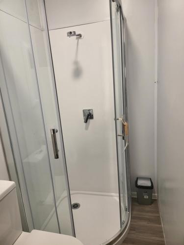 een douche met een glazen deur in de badkamer bij Hilltop Rural Retreat in Loburn