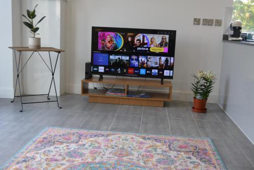 a living room with a flat screen tv and a rug at Lovely & Spacious 2-Bedroom Apartment with Balcony and Free Parking in Oxford