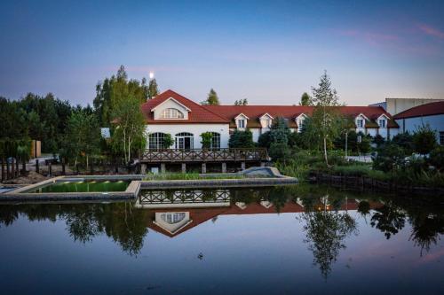 a large house with a pond in front of it at Santa Natura Resort & SPA in Nowa Wieś