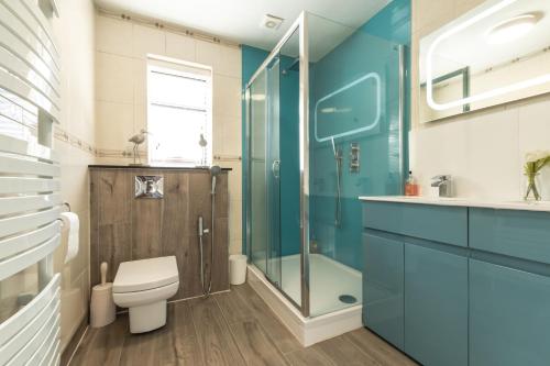 a bathroom with a toilet and a glass shower at Seldon hideout in Reading in Reading