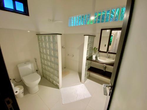 a bathroom with a toilet and a sink and a mirror at Mangueira Boutique Hotel Moreré in Ilha de Boipeba