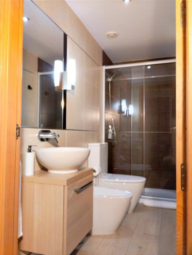 a bathroom with a sink and a toilet and a shower at Las Dos Torres in Teruel