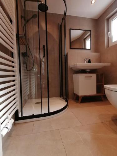 a bathroom with a shower and a sink at Käthes Sommerhaus in Schöna