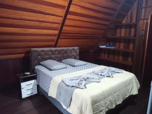 カナネイアにあるChalé Da Biaの木製の壁のベッドルーム1室(ベッド1台付)