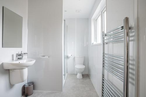 Baño blanco con lavabo y aseo en Mountain View Lodge en Newcastle