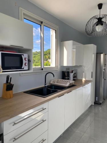een keuken met witte kasten, een wastafel en een raam bij Villa de L'anse - bas de villa in Vieux-Habitants