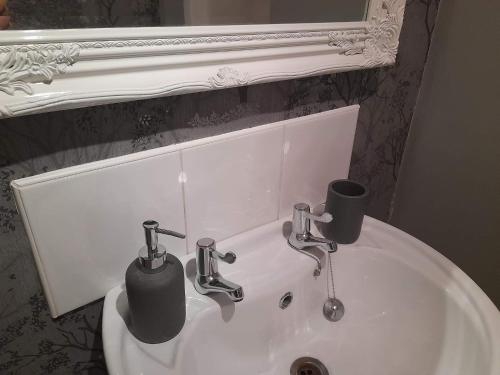 a bathroom sink with two faucets and a mirror at Hardwick Haven, Sedgefield - Near Hardwick Hall in Stockton-on-Tees
