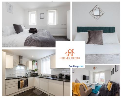 a collage of photos of a kitchen and a bedroom at Newbuild 4bed - City Centre - Free secure parking! By Hinkley Homes Short Lets & Serviced Accommodation in Liverpool