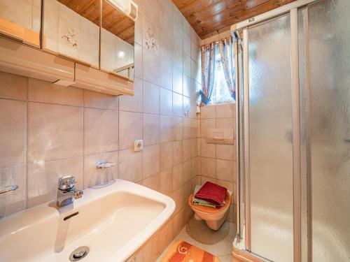 a bathroom with a shower and a sink and a toilet at Haus Steger in Westendorf