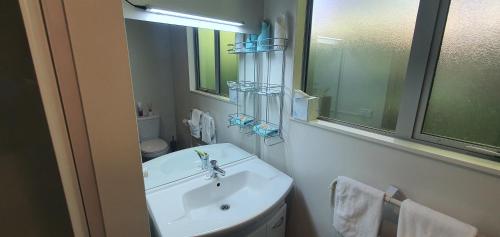 a white bathroom with a sink and a mirror at Golden Bay Holiday Park in Onekaka