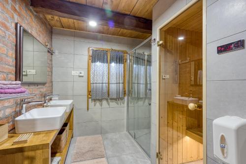 a bathroom with two sinks and a shower at Eco House Lina With Hot Tub and Sauna - Happy Rentals in Lopatinec