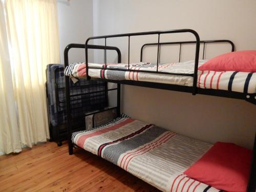 two bunk beds in a room with a window at Donlan's Beach Cottage in Mollymook