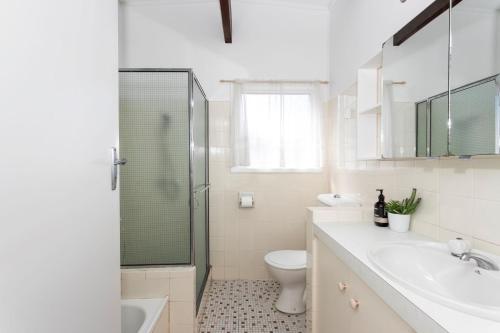 a bathroom with a toilet and a sink and a shower at Tee to Sea in Mollymook
