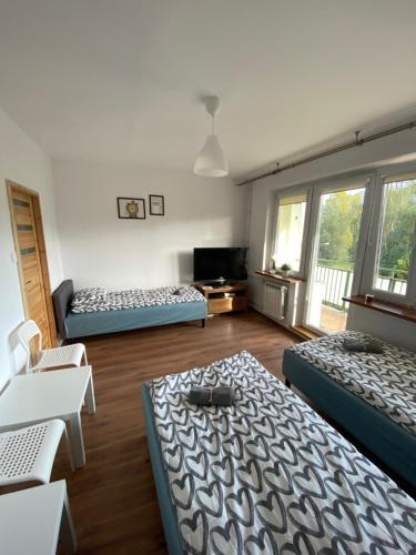 a living room with two beds and a tv at Pokoje Bora-Komorowskiego in Warsaw