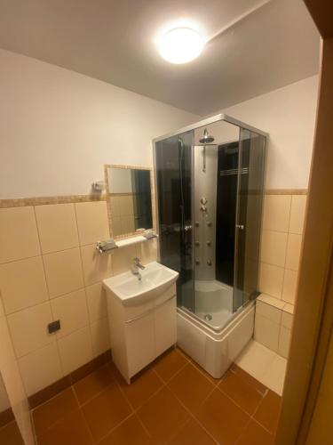 W łazience znajduje się prysznic i umywalka. w obiekcie Pokoje Bora-Komorowskiego w Warszawie