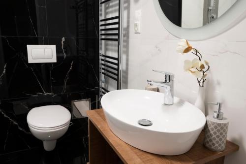 Hotel DSZSU في ترينتشياسكي تيبليسي: حمام مع حوض أبيض ومرحاض
