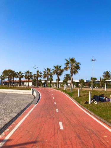 a red road with palm trees on the side at Next Wave Aparthotel in Batumi