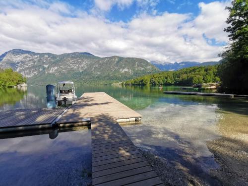 a boat is parked on a dock on a lake at Bohinj, Metka - vacation house Pri Metki in Bohinj