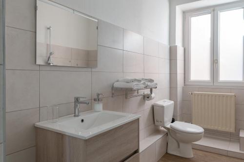 ein weißes Bad mit einem Waschbecken und einem WC in der Unterkunft Travel Homes - Le Carls 1 spacieux, moderne, équipé in Mulhouse