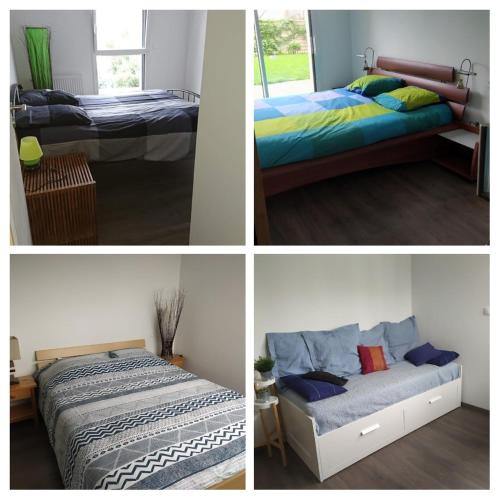 trois photos différentes d'une chambre avec deux lits dans l'établissement TY SAM Belle maison moderne 3 ch proche plages et commerces, à Trébeurden