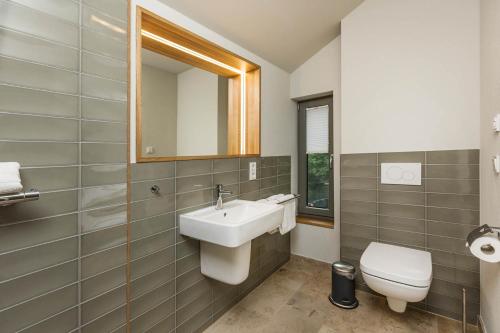 W łazience znajduje się umywalka, toaleta i lustro. w obiekcie Im-Jaich Naturoase Gustow w mieście Gustow