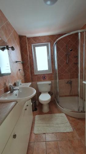 un bagno con wc, doccia e lavandino di Villa Victoria 400 meters to the beach a Peyia