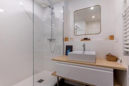 une salle de bain avec un lavabo et une douche dans l'établissement Appartement en centre-ville et face à l'Erdre, à Nantes