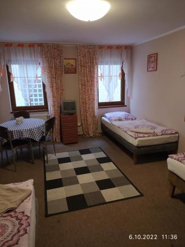 1 dormitorio con 2 camas, TV y sofá en Rodar en Boguszów-Gorce