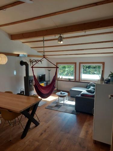 a living room with a hammock hanging from the ceiling at Kreatives Ferienhaus in Willingen Sauerland nähe Winterberg in Stryck