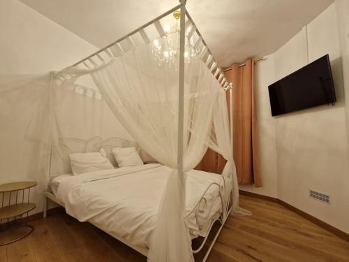 una camera con letto bianco e zanzariera di Maison Chic avec jacuzzi. UrbanSpa60 a Nogent-sur-Oise