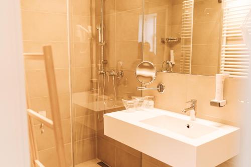ein Badezimmer mit einem weißen Waschbecken und einer Dusche in der Unterkunft Dvorac Janković in Suhopolje