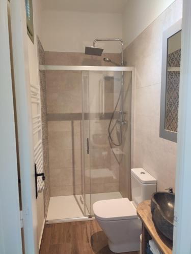 a bathroom with a shower and a toilet and a sink at Cozy place, big roof terrace & spectacular views. in Cabrils