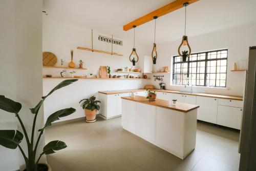 uma cozinha com armários brancos e um vaso de plantas em Cozy Stays Kigali em Kigali