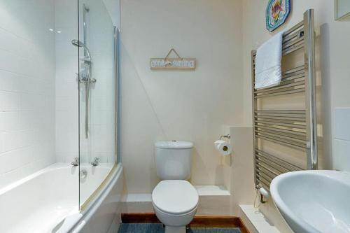 a bathroom with a toilet and a shower and a sink at White Lodge - Coast Hideaways in Mawgan Porth