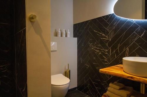 a bathroom with a white toilet and a sink at Logement In de Peel in Griendtsveen