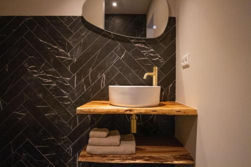 a bathroom with a sink and a mirror at Logement In de Peel in Griendtsveen