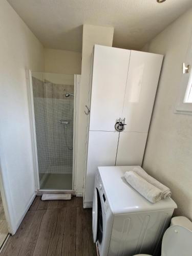 La salle de bains est pourvue d'un lave-linge et d'une douche. dans l'établissement Plein centre Appartement climatisé et spacieux avec grande terrasse sur le toit à Nice, à Nice
