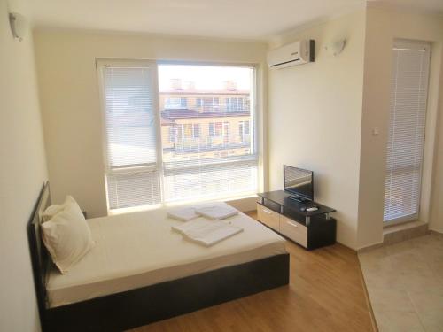 1 dormitorio con 1 cama, TV y ventana en Apartments in Azalia 2 Complex, en Nesebar