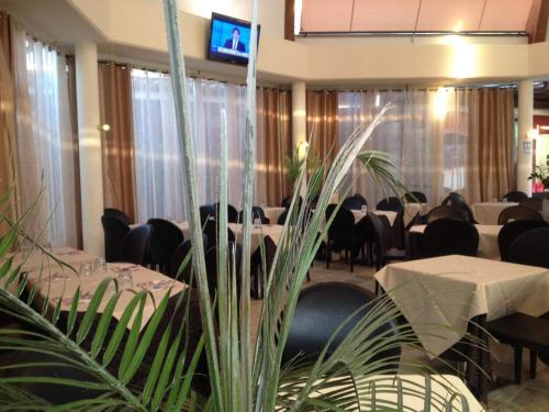 a dining room with tables and chairs and a plant at Hotel Star in Monterotondo