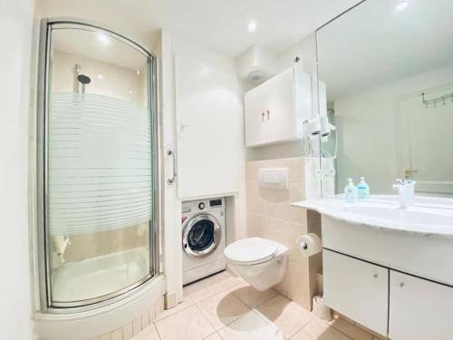 une salle de bain avec toilettes et lavabo et une machine à laver dans l'établissement CityCosy ORANGERIE Strasbourg Appartement 2 pièces en face de parc de L'Orangerie avec un parking souterrain compris, à Strasbourg