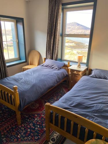 two beds in a room with two windows at Kilda House in Leverburgh