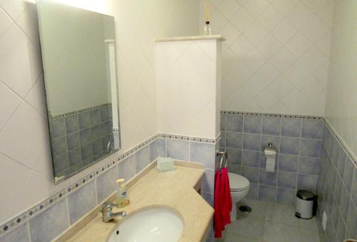 La salle de bains est pourvue d'un lavabo, de toilettes et d'un miroir. dans l'établissement Casa Patricia, à Porches