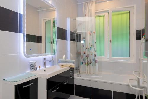 ein weißes Bad mit einem Waschbecken und einer Dusche in der Unterkunft Maison dans un parc de verdure in Verthemex