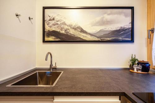 a kitchen with a sink and a painting on the wall at Ferienwohnung Kuppelwies 363 in Ultimo