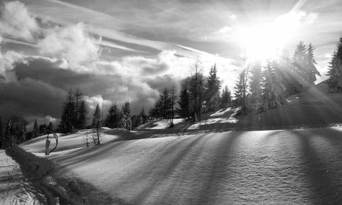 a black and white photo of a snow covered road at Brici's House 69 in Passo del Tonale