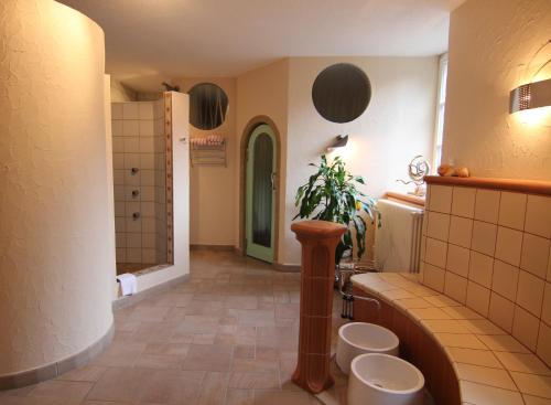 a bathroom with two toilets and a green door at Rabenauer Mühle "bed & breakfast" in Rabenau